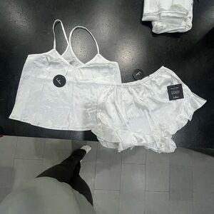 Lulus white Satin Ruffled Two-Piece Pajama (bride getting ready) Set